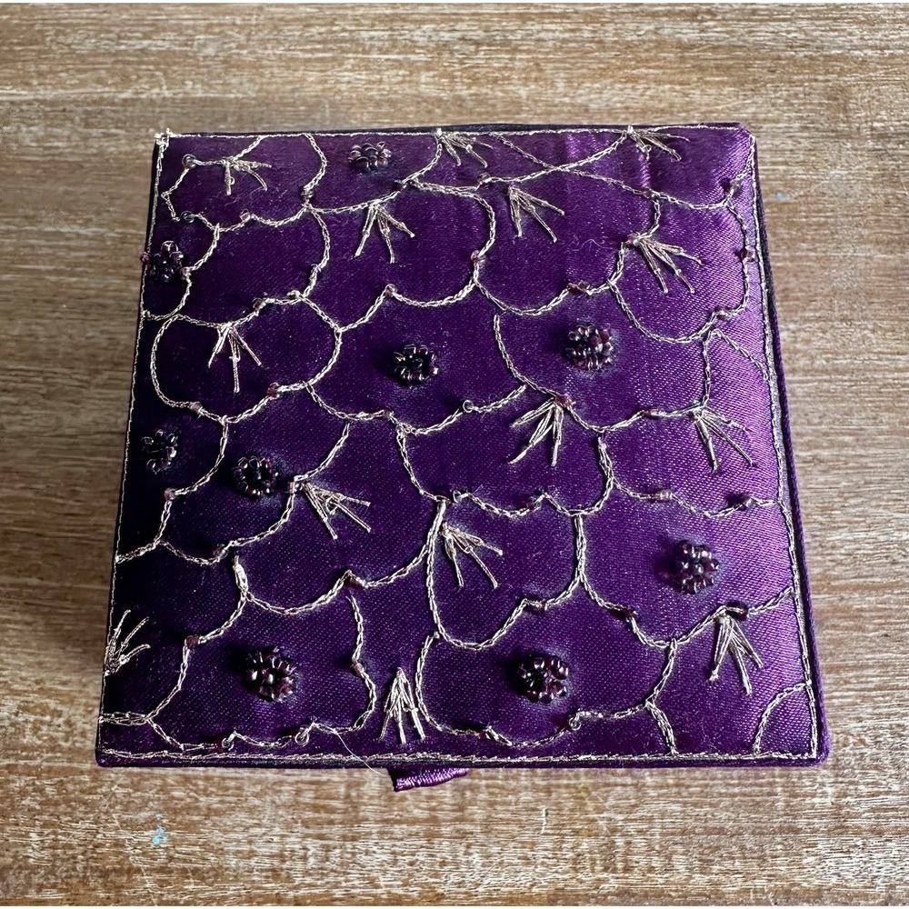 Vintage Satin Silk Embroidered Jewelry Box Eggplant Color Elegant 4"